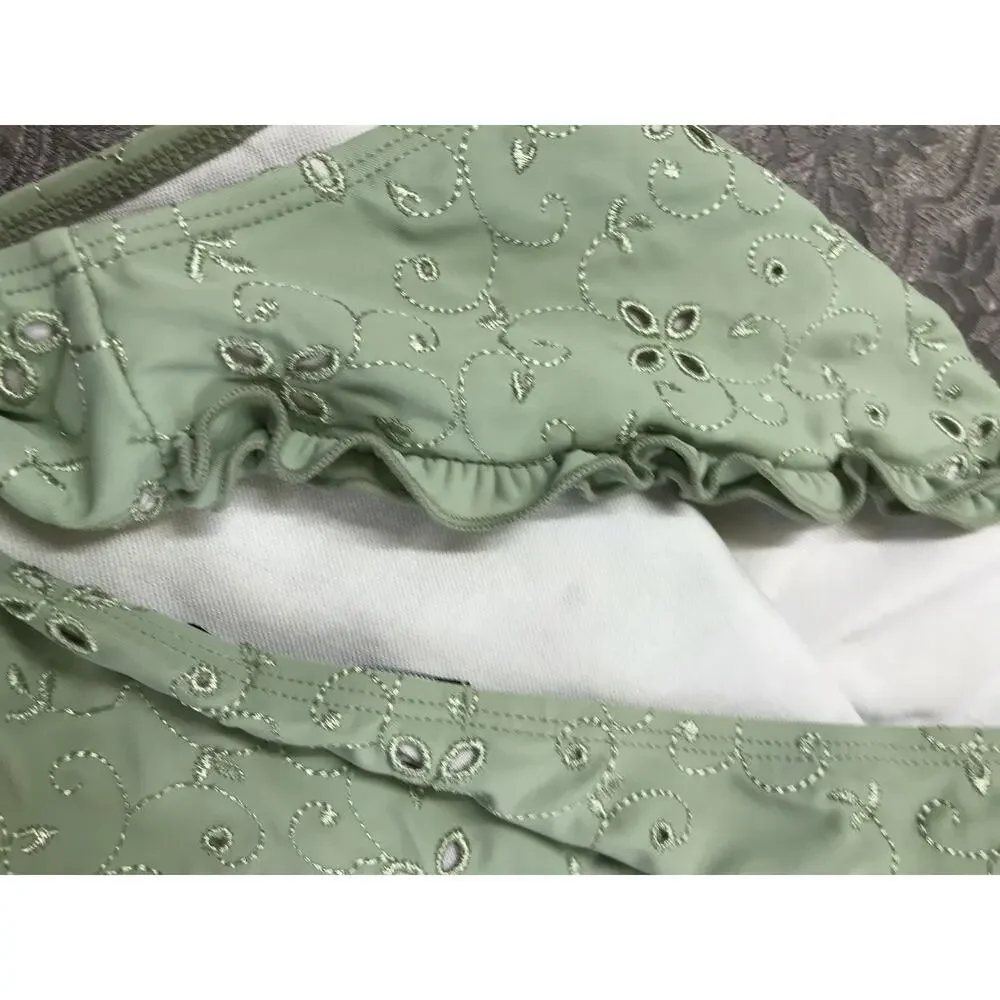 VGT Nasty Gal COLLECTIO Women's 4 Bikini Bottom GREEN EMBROIDERY Cheeky Swimwear